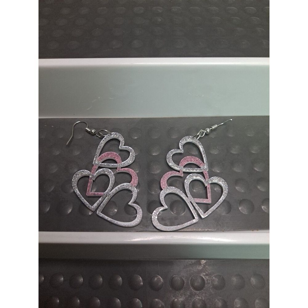 Valentines Pink And Gray Interlocking Heart Design Dangle‎ Earrings